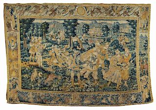 Flemish Verdure Tapestry, 18th century, polychrome decoration, depicting a procession with a landscape in the distance, folia