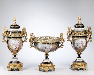 Sevres-style Three-piece Porcelain Garniture, late 19th/early 20th century, each with gilt-bronze mounts and decorated with c
