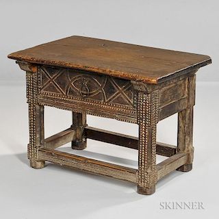 Spanish Colonial Oak Low Table, 19th century, rectangular top over carved single drawer above a lower stretcher joining strai