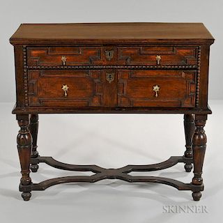 Jacobean-style Oak Chest on Stand, late 19th/early 20th century, molded top over two graduated drawers accented by beading an