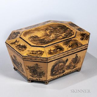 English Regency Satinwood Game Box, early 19th century, octagonal, decorated with animals, architectural and landscape motifs