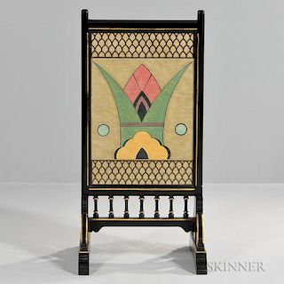 Aesthetic Ebonized Fire Screen, probably England, late 19th century, with gilt highlights, rounded ears over rectangular scre