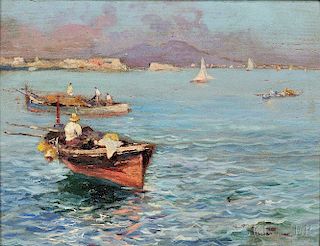 Oscar Ricciardi (Italian, 1864-1935)      Italian Coastal View with Fishing Boats