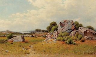 George W. Waters (American, 1832-1912)      Rocky Meadow with View to the Sea