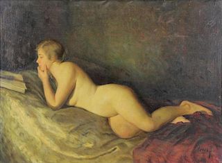HENCZ, F. Oil on Canvas. Reclining Nude with Book.