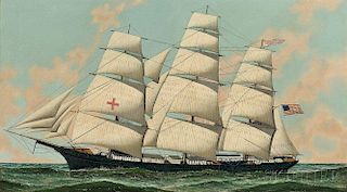 Antonio Jacobsen (Danish/American, 1850-1921)      The Ship "Dreadnaught" Under Full Sail in Open Water