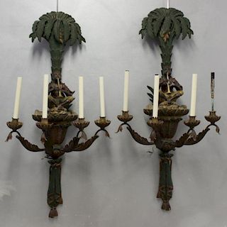 Magnificent Pair of Carved Wood Palm Tree Form