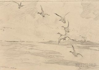 Frank Weston Benson (American, 1862-1951)      Seven Pencil Studies of Ducks and Birds: Widgeons Alighting, Thrush and Yellow Legs