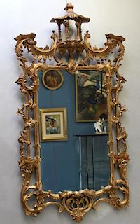Antique Chinese Chippendale Style Giltwood Mirror.