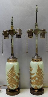 Pair of Celadon Lamps with Gilt Leaf and