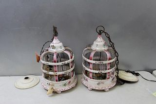 Pair of Porcelain Bird Cage Form Chandeliers.