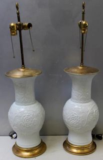 Pair of Vintage Carved Porcelain Lamps.