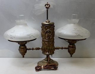 Antique and Ornate Brass Argand Lamp with Etched