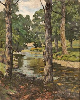 Ben Foster (American, 1852-1926)      Trees Along the Banks of a Stream