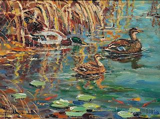 Wayne Beam Morrell (American, 1923-2013)      Mallard Ducks in a Rockport, Mass., Pond