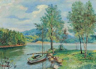 David Davidovich Burliuk (Russian/American, 1882-1967)      Lake Scene with Boat, Probably a Connecticut View