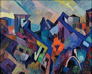 Leighton Cram (American, 1895-1981)      Abstract Landscape with Houses