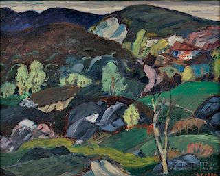 Leighton R. Cram (American, 1895-1981)      Hilly Landscape with Distant House