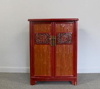 Antique Asian Lacquered and Bamboo 2 Door Cabinet