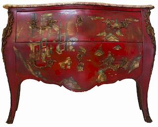 A French Pagoda Red Lacquered Bombe Commode, Early 20th century