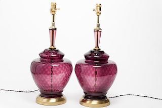 Italian Murano Amethyst Glass Table Lamps, Pair