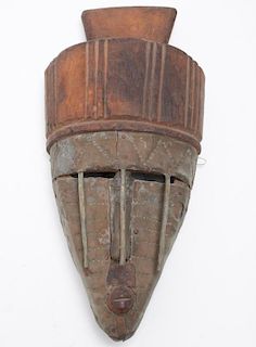 African Tribal Mask, Metal & Carved Wood