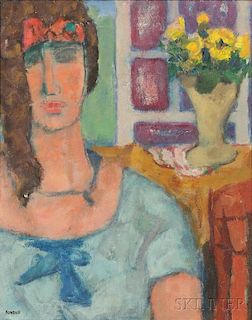 Gerrit Hondius (Dutch/American, 1891-1970)      Woman in Blue with Flowers