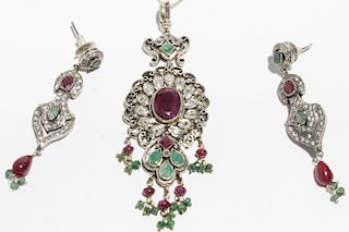 Ruby, Emerald, & Sterling Silver Jewelry Suite