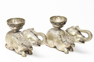 Asian Elephant Candle Holders, 2 Silver-Tone Metal