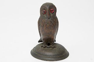 Bronze Owl Figure with Glass Eyes, Vintage