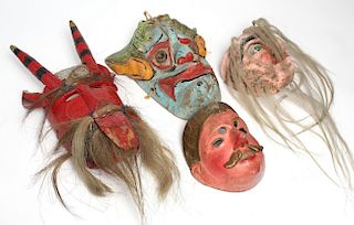 Mexican Wooden Masks, 4 Hand-Carved