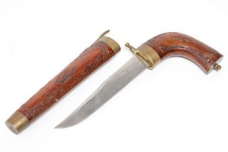 Indian Steel Dagger in Hand-Carved Wood Scabbard
