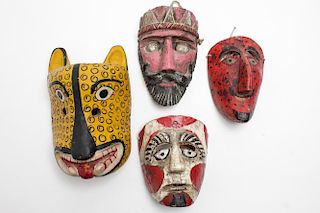 Ethnographic Folk Art Masks, 4 Carved & Painted