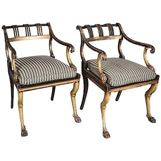 Pair of Regency Style Gilded and Painted Armchairs, 1945