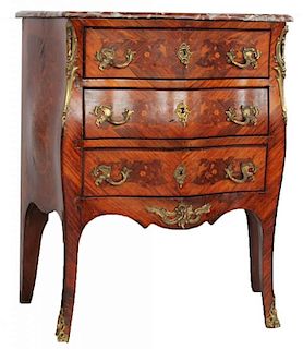 Louis XV Inlaid Marble Top Bombe Petite Commode, 18thc.