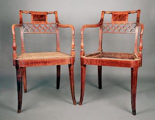 Fine Pair of American Sheraton Tiger Maple Armchairs, ca. 1790