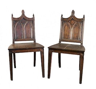 Pair Gothic Style English Oak Hall Chairs, 19thc. British School, ca. 1840