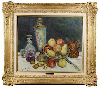 Gustave Madelain (French, 1867-1944)Still Life with Fruit, Decanter, Vase and Jug