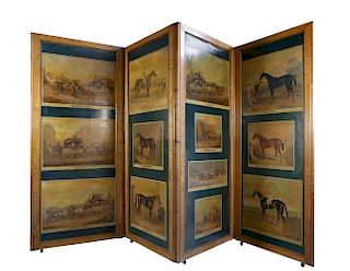Rare English Figured Maple Four Panel Hinged Screen with Decoupaged Coaching Scenes and Thoroughbreds, 19thc. British School,