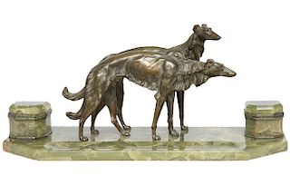 French Bronze and Onyx Inkstand with a Pair of Borzoi, c.1925