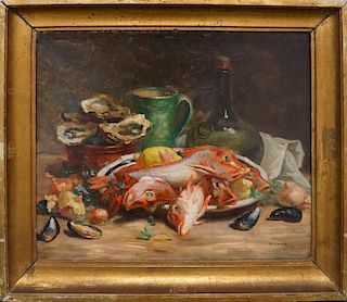Pierre Garnier (French, 1847-1937)
Still life with Fish, Mussels and Oysters