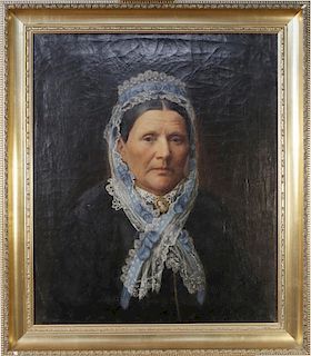 19th Century American Portrait of a Woman in a Lace Bonnet with a Blue Ribbon