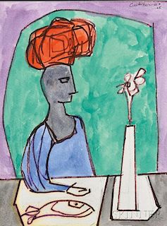 Cundo Bermúdez (Cuban, 1914-2008)      Figure in Profile with Fish and Vase