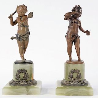 A Pair of Cold Painted Bronze Cherubs on Onyx Bases, 19th Century French School, c. 1880