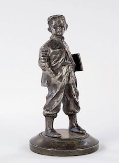 A Silvered Bronze Figure of a Newsboy, 19th Century American School, late 19thc.