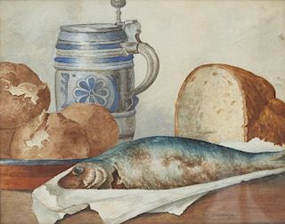 W. S. Clarence, Still Life with Fish, Bread and German Stein, 1905