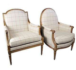 Two 18th c. French Bergeres, assembled pair, Louis XVIth period, c.1780
