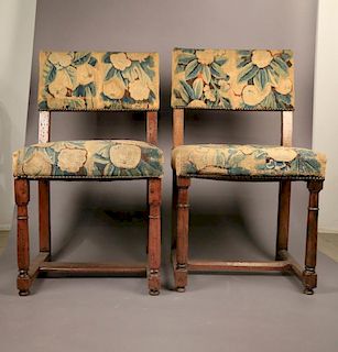 A Pair of Continental Oak Side Chairs,Upholstered in Verdure Tapestry, Late 17th Century