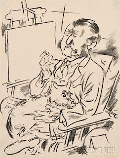 George Grosz (German, 1893-1959)      Selbstbildnis mit Hund vor der Staffelei