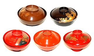 A Group of Five Japanese Lacquerware Covered Bowl
